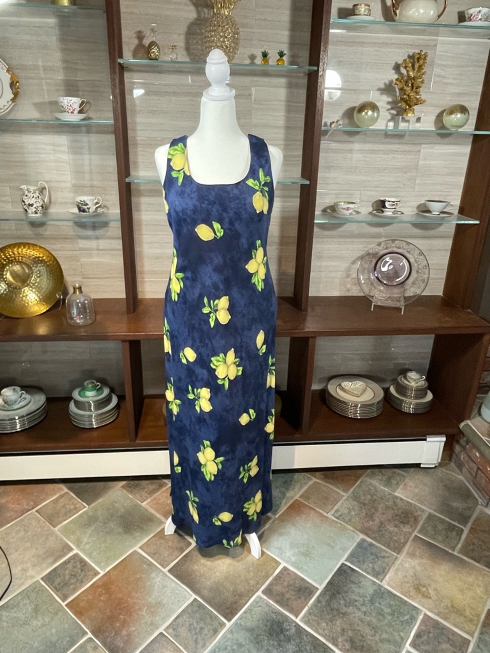 Jessica Howard Navy Sleeveless Dress w/ Yellow Lemon/Leaf - Rayon - Sz 10/12